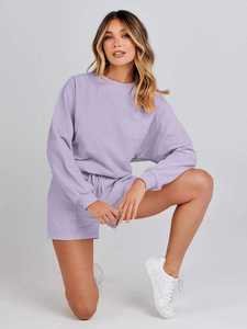 Hot Sale Women's Two Piece Sweatshirt Shorts <b>Set</b> Crew Neck Long Sleeve Loose Fit Casual Wear Solid Color Comfortable Outfit - Product Image 5