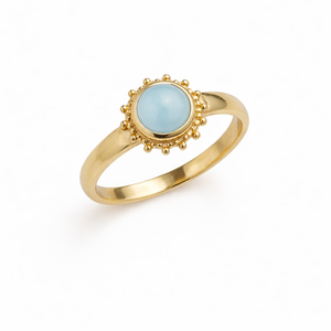 Natural Larimar Ring Gold Tone Beaded Halo Brass Minimal Elegant Handmade Designer Jewelry Delicate Statement Classic MOKU - Product Image 1