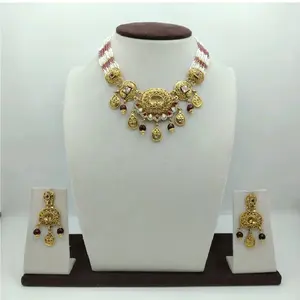 Juego de Collar de Boda de Oro de 22k Heritage, Pureza 916, Colgante de Piedra Roja, Perla, Joyería Nupcial India Tradicional de Oro - Product Image 1
