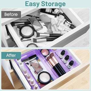 Modular Plastic Storage Bins for <b>Makeup</b> Jewelry Vanity and Office Organization 21 Piece Purple Acrylic Drawer Organizer Set - Product Image 3