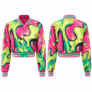 Veste universitaire à imprimé abstrait rose et vert pour femme, manches longues, col rabattu, rembourrage en polyester, style printemps - Product Image 1