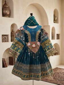 Teal <b>Velvet</b> Embroidered Afghan <b>Dress</b> With Beading And Mirror Work Floor-Length Gown For Formal Occasions - Product Image 2