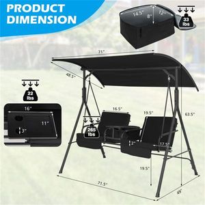 2 Seater Black Porch Swing <b>Chair</b> with Handy Storage and 360 Degrees <b>Rotatable</b> Tray for Patios - Product Image 4