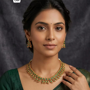 Ethnic Traditional Temple Design Flower Bridal Engagement Wedding Anniversary Party Choker <b>Set</b> Jhumka Earrings Zircon <b>Gold</b> - Product Image 1