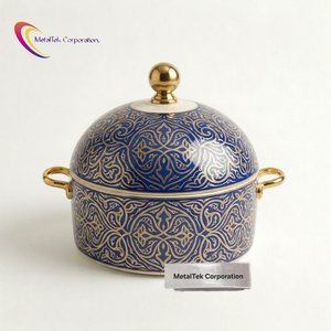 Casserole de luxe 3 pièces en acier inoxydable, nouveau design émaillé oriental bleu et or, couvercle rond, poignée en alliage de zinc, plat de service - Product Image 3