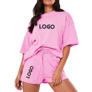Conjuntos Cortos de Verano de Algodón de Alta Calidad Personalizados para Mujer, Camiseta Rosa Bebé con Pantalones Cortos Deportivos a Juego, Conjuntos de 2 Piezas para Gimnasio - Product Image 1