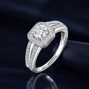 Moissanite Halo Engagement <b>Ring</b> Round Brilliant Cut 925 Silver Wedding Diamond <b>Split</b> Shank Band - Product Image 5