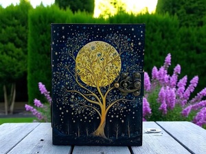 200 Page Buffalo Leather Celestial <b>Tree</b> Life Journal | Handmade Grimoire Moon Spell <b>Book</b> | Multi Color | Antique Lock Closure | - Product Image 1