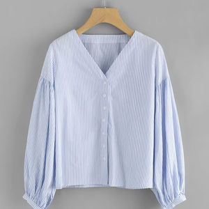 Chemisier rayé à col en V pour femme, manches longues, mignon, décontracté, boutonné, avec détail nœud, couleur bonbon, haut d'été - Product Image 1