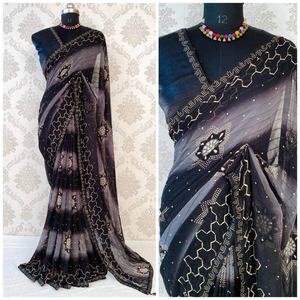DISEÑADOR GEORGETTE SIROSKI BORDER SAREE CON BLUSA SIN COSTURA NEGRO - Product Image 1