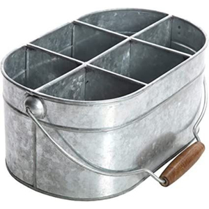 Porta utensilios de metal galvanizado con acabado rústico y base de madera, organizador de cubiertos de cocina de 3 compartimentos con asas para encimera. - Product Image 4