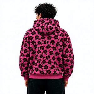 Pink Floral Print Zip Up Hoodie Men Oversized Streetwear Pullover Jacket with Pocket Winter Sweatshirt - Product Image 3