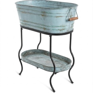 Bac à glace ovale en métal galvanisé pour boissons, grand bac à vin d'extérieur pour fête, refroidisseur de boissons avec support, étagère inférieure et poignées - Product Image 4