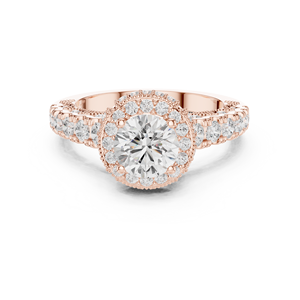 Bague de fiançailles en or rose avec halo de diamants de laboratoire ronds, bande pavée, détails vintage Milgrain, bijoux fins pour femmes - Product Image 1