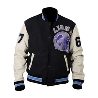 Blouson universitaire noir pour homme avec patch casque de lion et manches numérotées, col en V brodé, style décontracté
