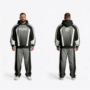 Ensemble de survêtement en molleton gris dégradé pour homme, avec logo personnalisé, sweat à capuche et pantalon de jogging, panneaux contrastants, style streetwear, deux pièces - Product Image 1