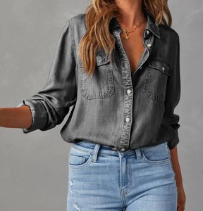 Women's <b>Denim</b> Button Down Shirt Long Sleeve Loose Fit Solid Color Casual Blouse Twill Fabric Full Sleeve Woven <b>Material</b> - Product Image 6