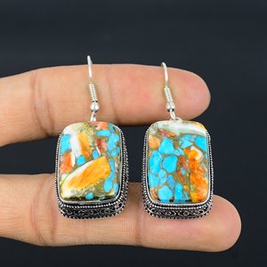 Turquoise Spiny Oyster Dangle Drop <b>Earrings</b> Vintage Bohemian Alloy Overlay <b>Hook</b> <b>Earrings</b> Beautiful Party Wear End Gifted Pair - Product Image 2