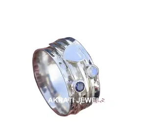 Best Selling Natural Moonstone Iolite Gemstone 925 Sterling Silver Wide Band Spinner Ring Handmade Heart Shape Meditation Jewely