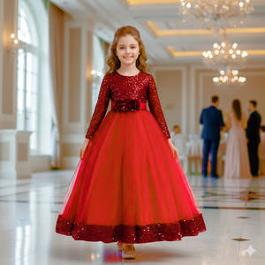 Robe de demoiselle d'honneur de luxe en velours rouge à sequins, broderie florale, pour enfants, idéale pour les fêtes d'anniversaire et les mariages, vente en gros - Product Image 1
