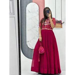Vestido Elegante de Georgette con Lentejuelas y Chaqueta, Color Rani - Product Image 1