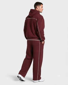 OEM Custom Men's Burgundy <b>Oversized</b> Contrastline Tracksuit Set Premium Quality Cotton Fleece Hoodie & Wide Leg <b>Sweatpants</b> - Product Image 6