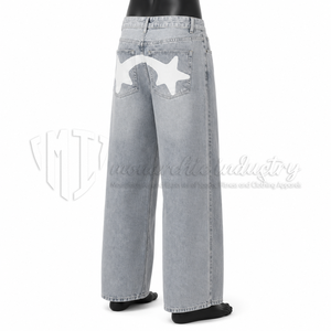 Jeans de Mezclilla de Pierna Recta para Hombre, Cintura Media, Lavado Claro, Estilo Casual de Algodón con Parche de Estrella Blanca en el Bolsillo Trasero, para Usar en Verano - Product Image 4