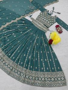 Ensemble Lehenga Choli en coton brodé vert sarcelle avec dupatta, tenue de mariage indienne traditionnelle pour femme, longueur ras du sol, coupe classique - Product Image 3