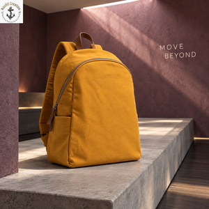 Mustard Canvas Student <b>Backpack</b> with Curved Zipper | Minimal <b>College</b> School Bag with Brown Top Loop for Daily Carry and Travel - Product Image 4