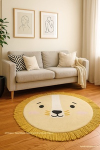 Tapis pour enfants en laine tuftée à la main, forme de lion mignon |   Tapis rond doux à franges avec motif d'animaux de dessin animé pour chambre d'enfant et salle de jeux - Product Image 6