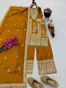 <b>Women</b> Indian Pakistani Traditional Embroidered Ankle-Length Cotton <b>Kurta</b> Set Loose Fit Wedding Wear Gold White Pattern - Product Image 1