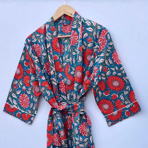 Kimono luxueux en coton imprimé à la main, à manches longues, pour usage quotidien, robe longue standard, peignoir, vêtements de détente, été - Product Image 1