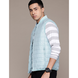 Gilet matelassé bleu clair pour homme, col montant, fermeture éclair, coupe-vent, vêtement d'extérieur décontracté, longueur normale, couleur unie - Product Image 1
