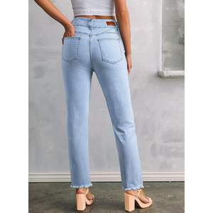 2025 femmes taille haute jambe droite jean respirant petit ami Denim pantalon poches XL bleu clair côté sentir respirant XL - Product Image 6