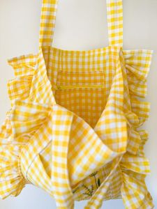 Sac fourre-tout en coton jaune à carreaux avec volants et broderies, style bohème estival, sac de shopping - Product Image 4