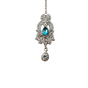 Vintage Rhinestone Teardrop Pendant Necklace With Blue Crystal And Clear Stone Drop For Wedding - Product Image 1
