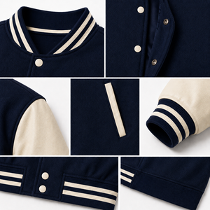 Chaqueta Varsity Unisex Azul Marino de Lana, Cortavientos, con Cuello Alto, Logotipo Frontal, Estilo Casual, Cierre de Botones Cubiertos, Corte Regular, para Invierno - Product Image 5