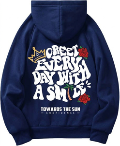 Sudadera con capucha gráfica estilo streetwear para hombre – Sudadera negra extragrande con estampado retro en la espalda con la frase “Greet Every Day With A Smile” - Product Image 3