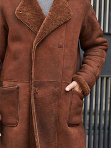 Men's Brown Genuine Leather Jacket With <b>Faux</b> <b>Fur</b> Lining Turn-down Collar Long Winter <b>Coat</b> Regular Fit Workwear Style - Product Image 4