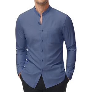 Chemise décontractée pour homme à col montant, manches longues, boutonnée sur le devant avec poche poitrine et design uni minimaliste - Product Image 3