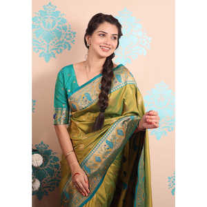 Sari de Seda Paithani Verde con Bordado Zari y Diseño de Pavo Real, Tejido Tradicional, 650g, Elite Weaves - Product Image 4