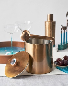 Luxury Brass Finish Metal Ice <b>Bucket</b> <b>with</b> Agate Stone <b>Lid</b> Knob Double Walled Stainless Steel Bar Canister for Hotels & Home Bar - Product Image 2