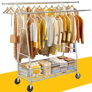Stainless Steel Clothing Organizer <b>Rack</b> with Telescopic Rails and <b>Storage</b> Basket 42.2-65.4 x 39.4 x 70 Inches Portable Space - Product Image 5