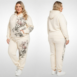 Ensemble survêtement molletonné imprimé écoresponsable pour femme grande taille – Sweat à capuche et pantalon décontracté pour l'hiver avec fermeture éclair intégrale et face en French Terry - Product Image 1