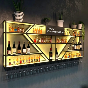 حامل زجاجات النبيذ والكؤوس المعدني بتصميم عتيق، حامل جداري معدني مع إضاءة LED للسقف، رف نبيذ - Product Image 3