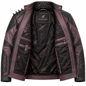 Chaqueta de Cuero Genuino Morada para Hombre, Estilo Motero con Tachuelas, Estampado Gráfico de Tiburón, Chaqueta Rocker con Tachuelas, Fabricante OEM ODM, Venta al Por Mayor - Product Image 5