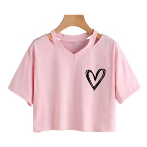 Pink Women's V-Neck Crop <b>Top</b> Short Sleeve 100% Cotton Jersey Cute <b>Heart</b> Print Loose Fit Spring Summer T-Shirt Custom Logo - Product Image 1