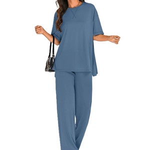 Ensemble deux pièces plissé en velours côtelé 100 % coton respirant et décontracté pour femme, grandes tailles, été, couleur unie (haut et pantalon) - Product Image 4