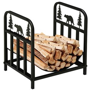 Porta Legna da 17 Pollici per Interni/Esterni con Tema Orso e Fondo Curvo, Set Stufa a Legna Nera per Patio - Product Image 1