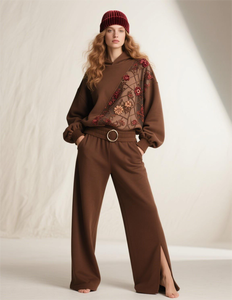Custom Women's <b>Embroidery</b> Streetwear Heavy Pullover Tracksuit Vintage Distressed Embroidered Flared Sweatpants and Hoodie <b>Set</b> - Product Image 4